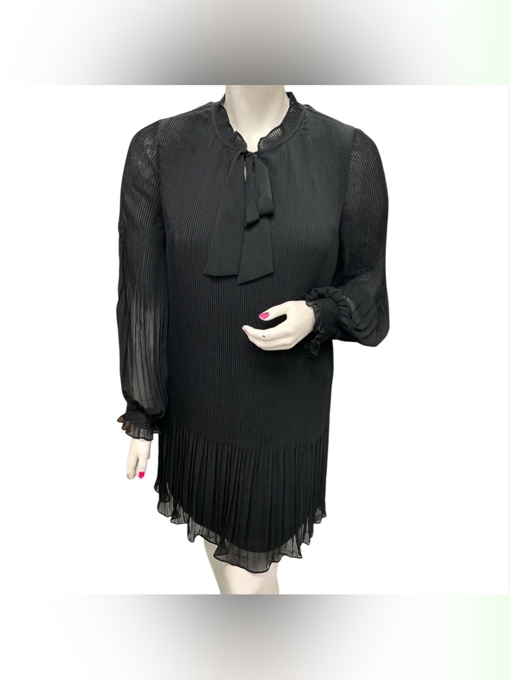 DKNY Black Pleated Long-Sleeve Tie-Neck Dress Size L